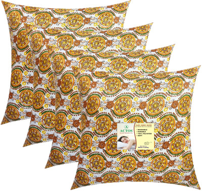ACTOS Round Microfibre Floral Cushion Pack of 4(Yellow, Multicolor)