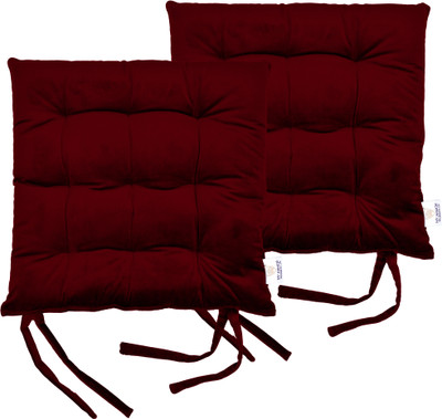 MY ARMOR Square Chair Pads Cushion for Comfortable Sitting with Ties for Pooja, Dining Microfibre Solid Chair Pad Pack of 2(Maroon)