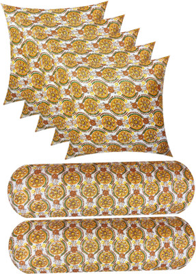 Swikon star Microfibre Bolster Pack of 7 Floral Combo Set of 5 Cushion And 2(Yellow, Multicolor)