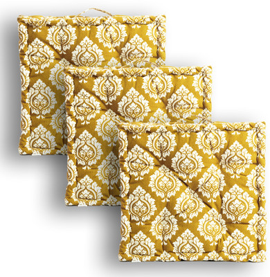 ESSAN FABRIX Luxury Polyester Fibre Floral Floor Cushion Pack of 3(FLORAL YELLOW)
