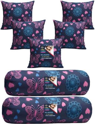 VILLAGERS Microfibre Bolster Pack of 7 Geometric Cushion & 2 Bolster Set - Butterfly Print(Dark Blue)