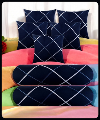 Urmila Creation 5 Cushion 2 Bolster Microfibre Stripes Bolster Pack of 7(Navy Blue)
