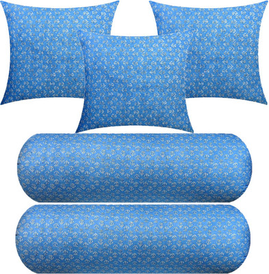 Swikon star 3 Cushion And 2 Microfibre Floral Bolster Pack of 5(Light Blue)