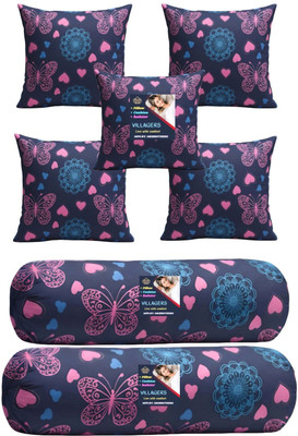 VILLAGERS Microfibre Bolster Pack of 7 Geometric Cushion & 2 Bolster Set - Butterfly Print(Dark Blue)