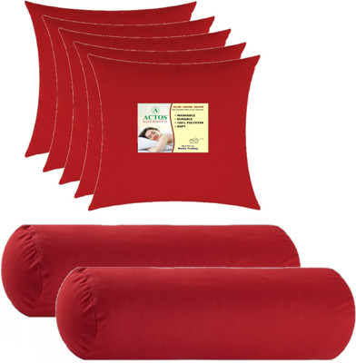 ACTOS Combo Set Of 5 Cushion And 2 Microfibre Solid Bolster Pack of 7(Maroon)
