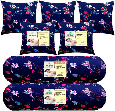 ACTOS 5 Cushion And 2 Microfibre Floral Bolster Pack of 7(Blue)