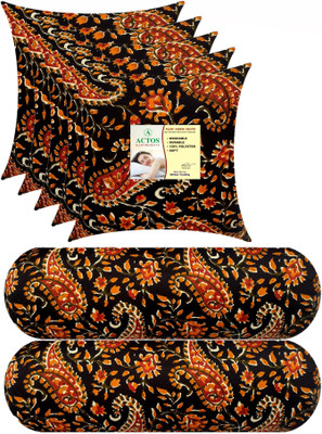 ACTOS Combo Set Of 5 Cushion And 2 Microfibre Floral Bolster Pack of 7(Black, Multicolor2)