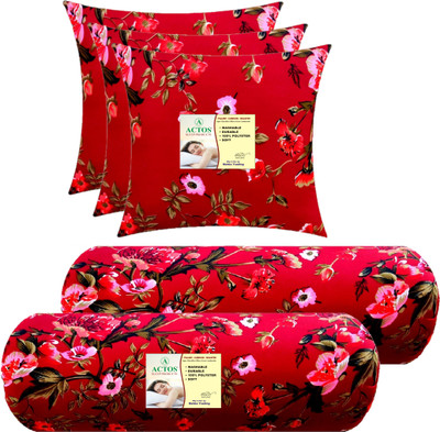 ACTOS Combo Set Of 3 Cushion And 2 Microfibre Floral Bolster Pack of 5(Maroon, Multi7)