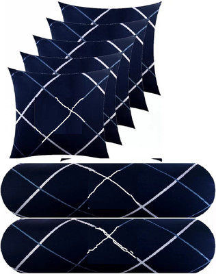 ZOXAB Microfibre Bolster Pack of 7 Solid Combo Set Of 5 Cushion And 2 Microfibre Nature Bolster(Dark blue line 3)