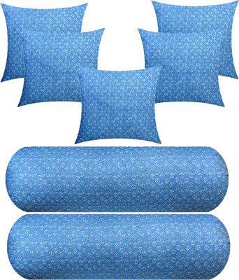 GKM Microfibre Bolster Pack of 7 Floral 5 Cushion And 2(Light Blue)