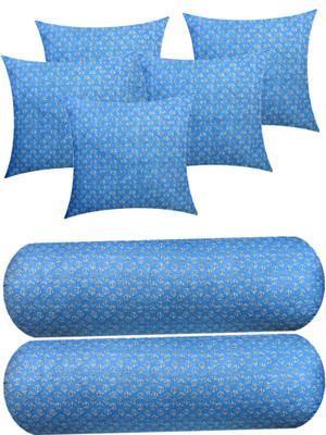 Changers Microfibre Bolster Pack of 7 Floral Combo Set of 5 Cushion And 2(Light Blue, White)