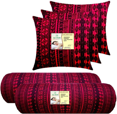ACTOS 3 Cushion And 2 Microfibre Geometric Bolster Pack of 5(Maroon)