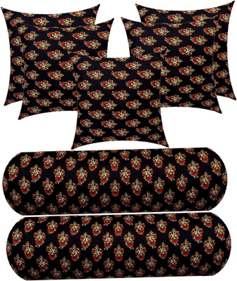 Changers Combo Set of 2 Bolster And 5 Microfibre Floral Cushion Pack of 7(Black, Maroon)