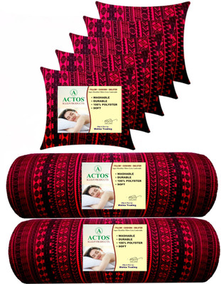 ACTOS Combo Set of 5 Cushion And 2 Bolster Microfibre Geometric Bolster Pack of 7(Maroon, Black)