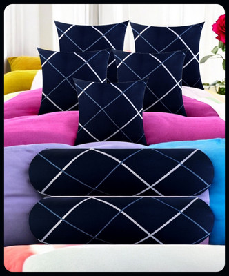 JAI SHRI 5 Cushion 2 Bolster Microfibre Stripes Bolster Pack of 7(Navy Blue)