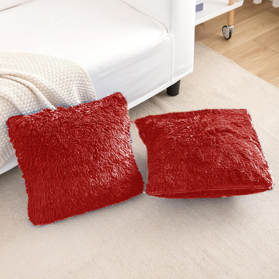 PICKKART Fur Pillow, Small Plush Cushion for Sofa/ Home Decor Microfibre Solid Cushion Pack of 2(Red)