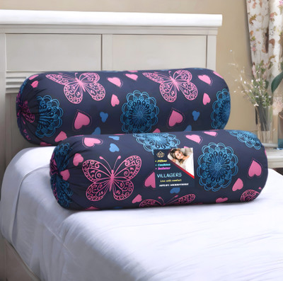 VILLAGERS Microfibre Bolster Pack of 2 Geometric Butterfly & Heart Print Design(Dark Blue)
