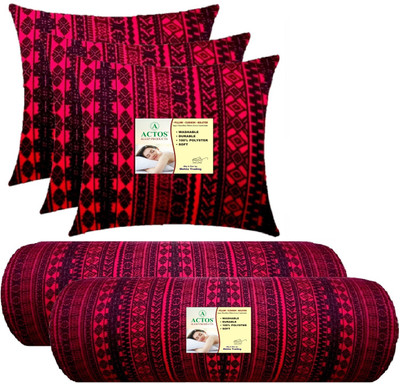 ACTOS 3 Cushion And 2 Microfibre Geometric Bolster Pack of 5(Maroon, Black)