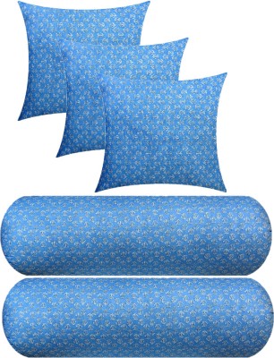 Swikon star 3 Cushion And 2 Microfibre Floral Bolster Pack of 5(Light Blue)