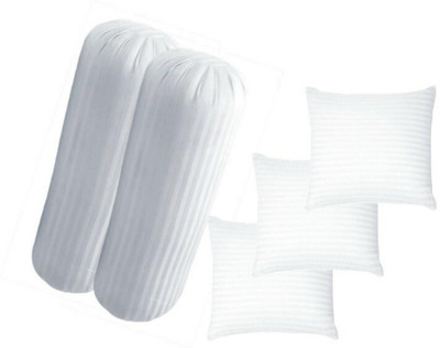 RACCOON Jaipuri 3 Cushion & 2 Microfibre Stripes Bolster Pack of 5(White)