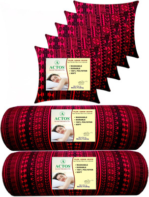 ACTOS Combo Set of 5 Cushion And 2 Bolster Microfibre Geometric Bolster Pack of 7(Maroon, Black)