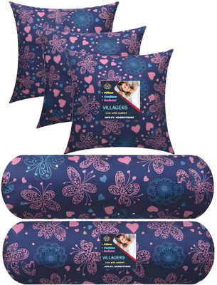 VILLAGERS Microfibre Bolster Pack of 5 Geometric 5 Cushion & 2 Bolster Set - Butterfly Print(Dark Blue)