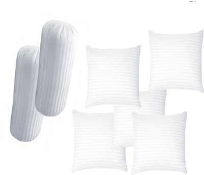 RACCOON Jaipur Made Set Of 2 Bolster And 5 Polyester Fibre Stripes Cushion Pack of 7(White)