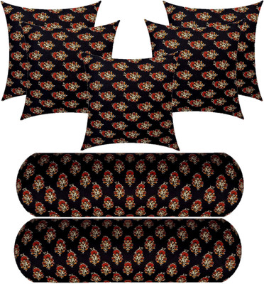 Swikon star 5 Cushion And 2 Microfibre Floral Bolster Pack of 7(Black)
