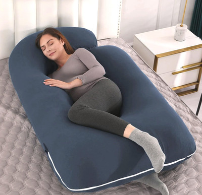 THUKRAN J Shape Polyester Fibre Solid Sleeping Pillow Pack of 1(Dark Blue)