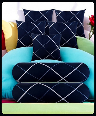 Urmila Creation 5 Cushion 2 Bolster Microfibre Stripes Bolster Pack of 7(Navy Blue)