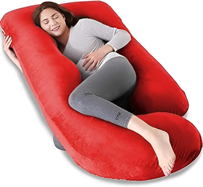 Mg Crafts Polyester Fibre Pregnancy Pillow Pack of 1 Stripes, Solid J-Shaped Pregnancy Pillow | Maternity Body Pillow with Velvet Cover(Red_Dark-)