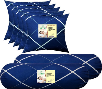 ACTOS 5 Cushion And 2 Microfibre Geometric Bolster Pack of 7(Blue, White41)