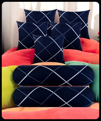 JAI SHRI 5 Cushion 2 Bolster Microfibre Stripes Bolster Pack of 7(Navy Blue)