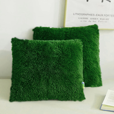 Cyuteenuts Pillow Both side Fur , Fur cushion Microfibre Solid Cushion Pack of 2(Dark Green)