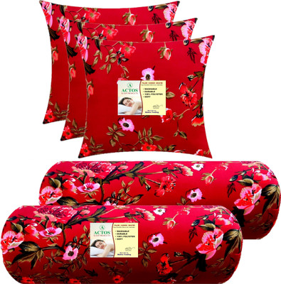 ACTOS Combo Set Of 3 Cushion And 2 Microfibre Floral Bolster Pack of 5(Maroon, Multi4)