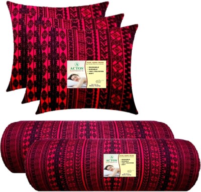 ACTOS 3 Cushion And 2 Microfibre Geometric Bolster Pack of 5(Maroon, Black3)