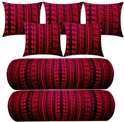 Changers Microfibre Bolster Pack of 7 Geometric Combo Set Of 5 Cushion 2(Maroon)
