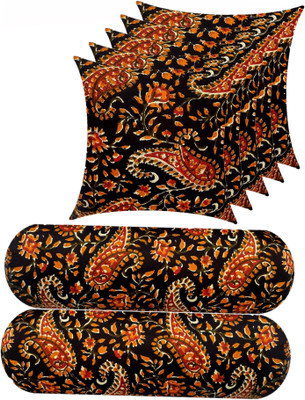 Swikon star Combo Set of 5 Cushion And 2 Microfibre Floral Bolster Pack of 7(Black, Orange)