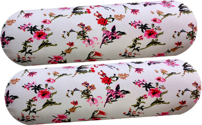 GKM Microfibre Bolster Pack of 2 Floral Round Bolster(White, Multicolor)