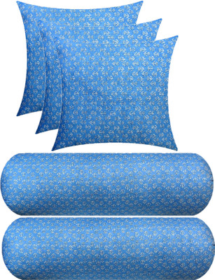 GKM 3 Cushion And 2 Microfibre Floral Bolster Pack of 5(Light Blue)