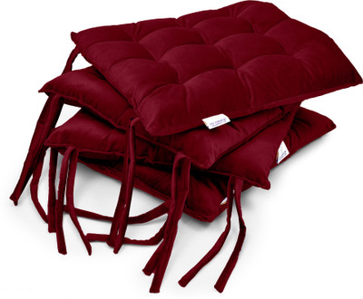 MY ARMOR Square Chair Pads Cushion for Comfortable Sitting with Ties for Pooja, Dining Microfibre Solid Chair Pad Pack of 4(Maroon)