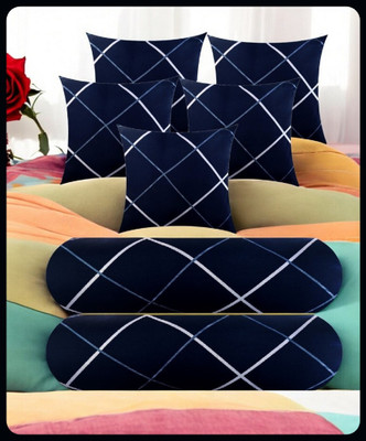 Urmila Creation 5 Cushion 2 Bolster Microfibre Stripes Bolster Pack of 7(Navy Blue)