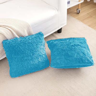 PICKKART Fur Pillow, Small Plush Cushion for Sofa/ Home Decor Microfibre Solid Cushion Pack of 2(Blue)
