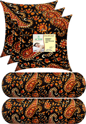 ACTOS Microfibre Bolster Pack of 5 Floral Combo Set Of 3 Cushion And 2(Black, Multicolor4)