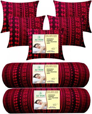 ACTOS Combo Set of 5 Cushion And 2 Bolster Microfibre Geometric Bolster Pack of 7(Maroon, Black)