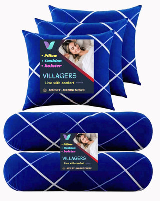 Jaipurlinen Microfibre Bolster Pack of 5 Abstract 3 Cushion and 2 bolster(Blue)