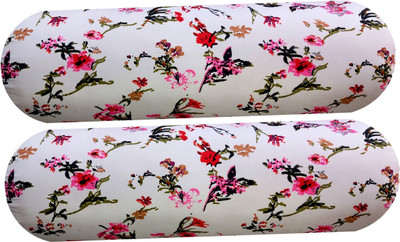 GKM Sofa Round Bolster Microfibre Floral Sleeping Pillow Pack of 2(White)
