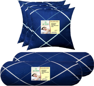 ACTOS 3 Cushion And 2 Microfibre Geometric Bolster Pack of 5(Blue, White12)