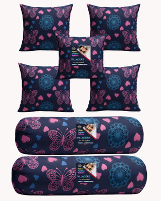 VILLAGERS Microfibre Bolster Pack of 7 Geometric Cushion & 2 Bolster Set - Butterfly Print(Dark Blue)