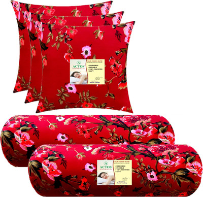 ACTOS Combo Set Of 3 Cushion And 2 Microfibre Floral Bolster Pack of 5(Maroon, Multi5)